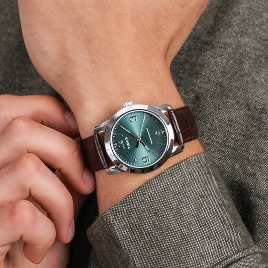 Timex Men's Brown Leather Watch, Green Dial | Tw2r86900