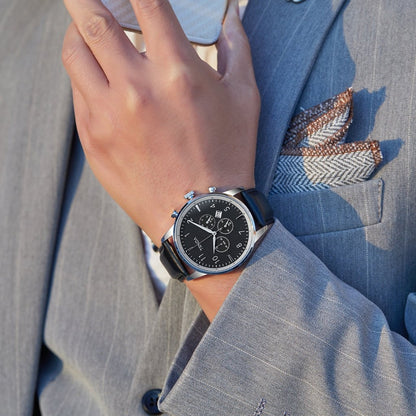 Trnda Men's Stainless Steel Watch, Black Leather Band | Trnda43mm