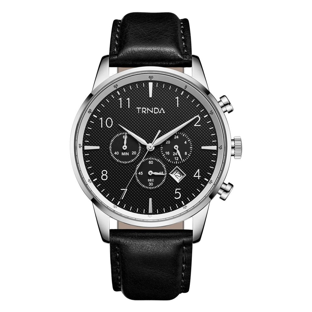 Trnda Men's Stainless Steel Watch, Black Leather Band | Trnda43mm