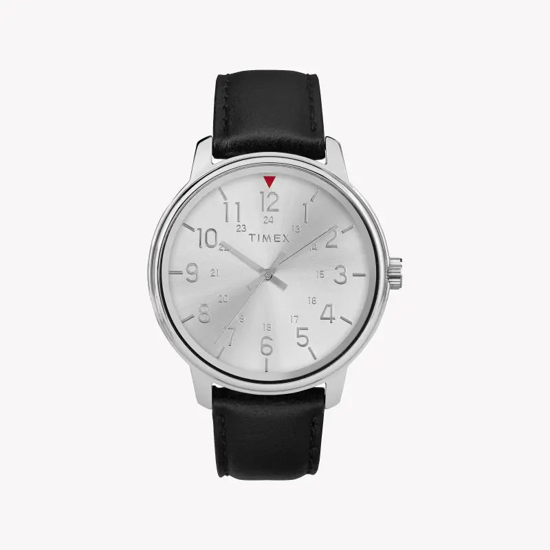 Timex Men's Black Leather Watch, Silver Dial | Tw2r85300