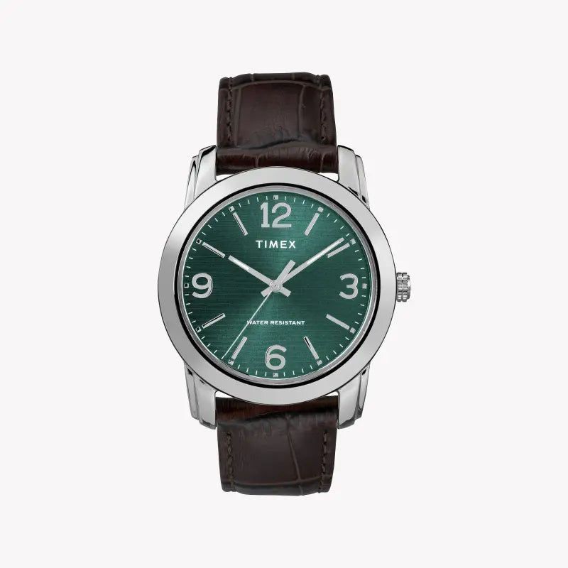 Timex Men's Brown Leather Watch, Green Dial | Tw2r86900